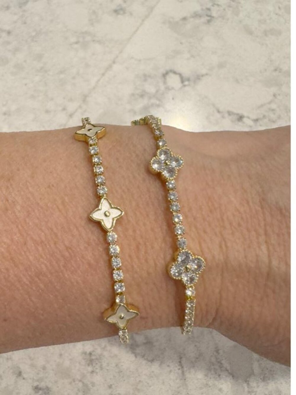 Adjustable Gold and Rhinestone Set of 2 Bracelets Clover Van Cleef Style